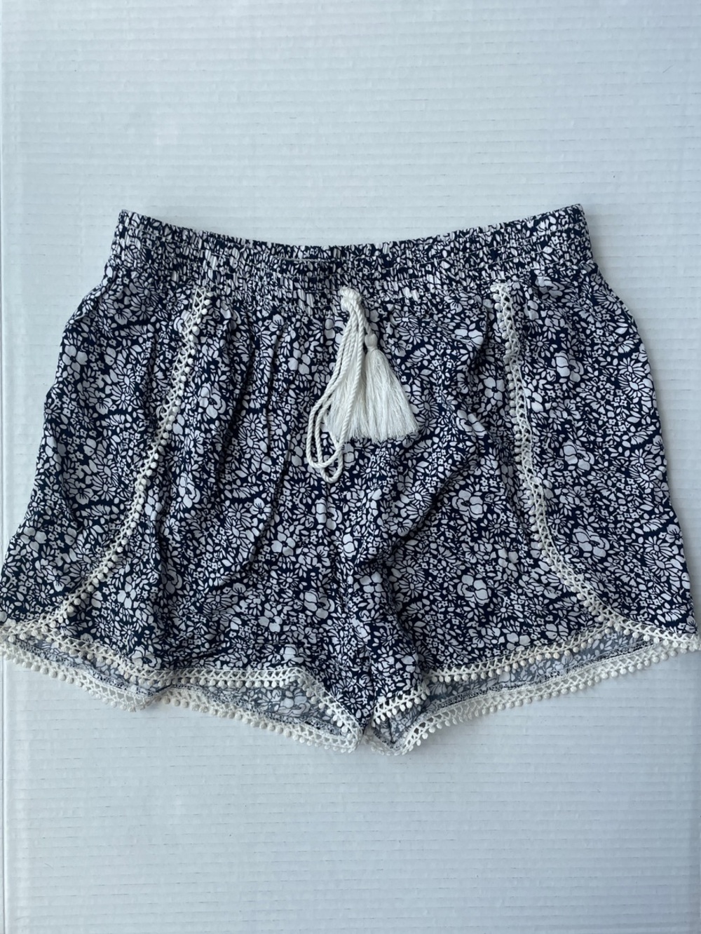 Molly Bracken Navy and White Floral Lace-Trim Shorts